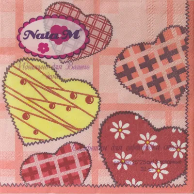 Салфетки бумажные NataM 20шт 25х25см 3-х слойные  (VA0502-РК Сердце,клетка)