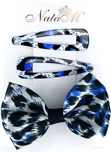 Аксессуары для волос Леопард: заколки 2шт 50х15х1мм, резинка с бантом d50мм (Цвет: синий.)