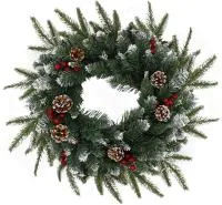 Венок хвойный декоративный заснеженный с шишками и ягодами d50см 100 веток