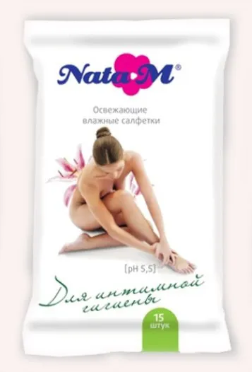 Салфетки влажные NataM 15шт освежающие (для интимной гигиены 9972)
