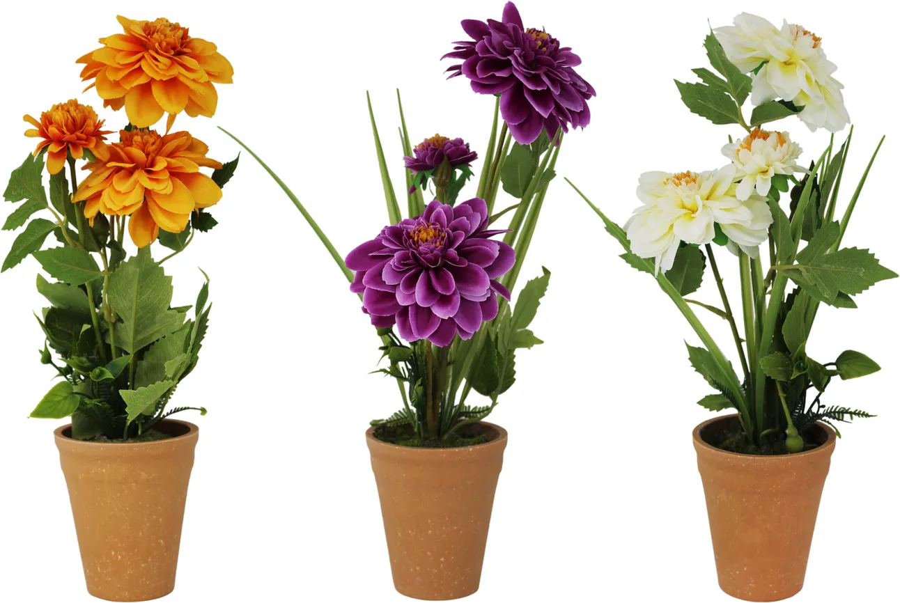 Декоративный цветок георгина в горшке из пластмассы и текстиля 34.5см