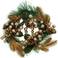 Венок хвойный декоративный Золотистый с ягодами, листьями и шишками Размер: d20х8см
