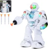 Игрушка Робот на батарейках, стреляет ракетами, свет, звук Размер: 22х19х11,3см Цвет: белый/голубой