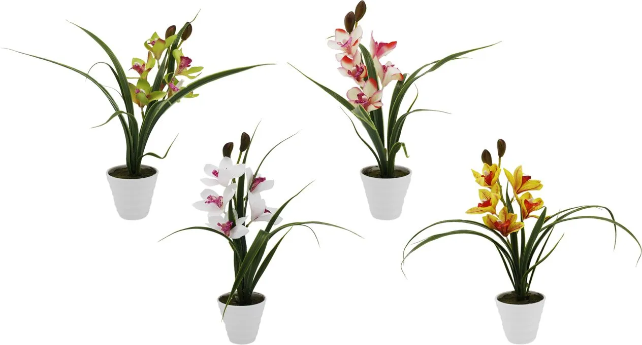 Декоративный цветок цимбидиум в горшке из пластика и текстиля 39см