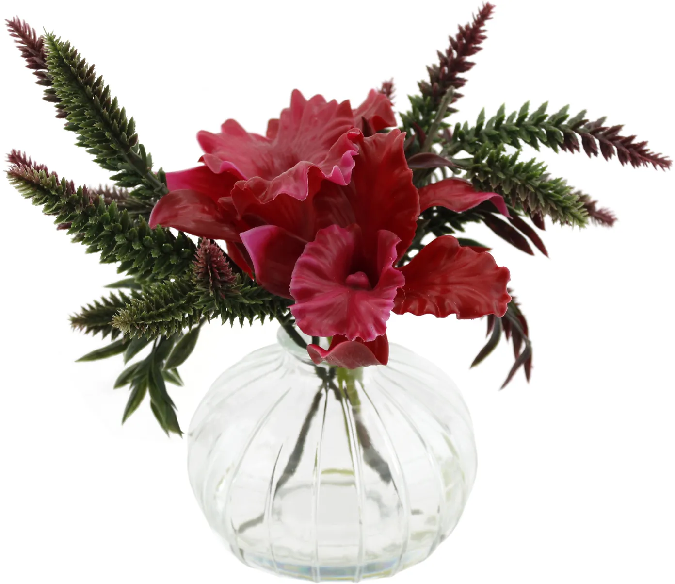 Малиновые декоративные орхидеи каттлеи в стеклянной вазе