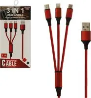 Кабель для зарядки 3 в 1 iP/Micro USB/Type-C, 3,1А в оплетке Размер: 1,2 Цвет: красный