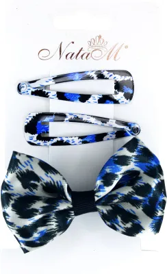Аксессуары для волос Леопард: заколки 2шт 50х15х1мм, резинка с бантом d50мм (Цвет: синий.)