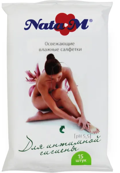 Салфетки влажные NataM 15шт освежающие (для интимной гигиены 9972)