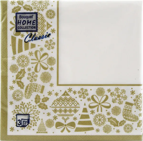 Салфетки бумажные Bouquet Home Collection Classic НГ 20шт 33х33см 3 слоя   (Новогодняя скатерть. Золото на белом)