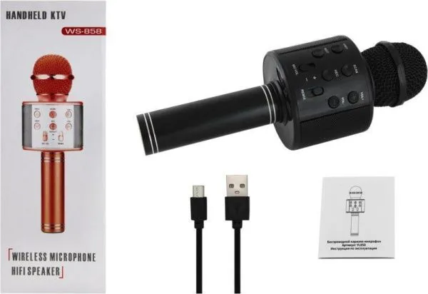Микрофон беспроводной Комплектация: караоке микрофон, USB-кабель, инструкция. (Цвет: черный.)