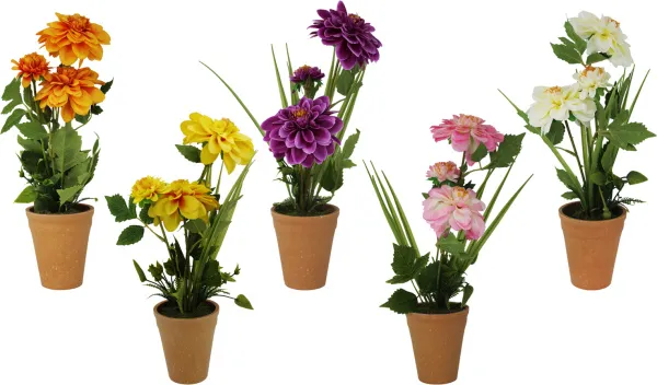 Декоративный цветок георгина в горшке из пластмассы и текстиля 34.5см