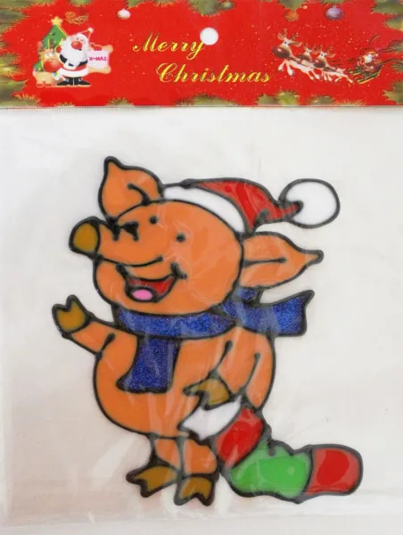 Наклейка витражная Поросенок с носком