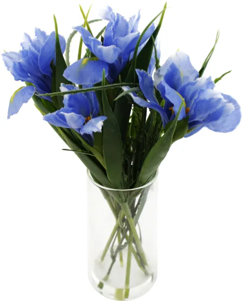 Синие декоративные ирисы в стеклянной вазе 34см