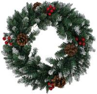 Венок хвойный декоративный заснеженный с шишками и ягодами d40см 80 веток
