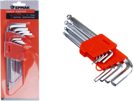 Ключи имбусовые ЕРМАК шестигранные 1.5-10мм с шаром удлиненные 9шт