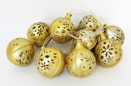 Гирлянда светодиодная Шарики со снежинками на батарейках 1.2м 10 ламп кабель прозрачный  (Цвет: золото 097)