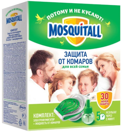 Фумигатор MOSQUITALL Защита для всей семьи комплект фумигатор+жидкость 30мл 30 ночей