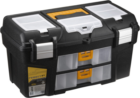 Ящик для инструментов ГЕФЕСТ 21" с секциями металлические замки черный с желтым
