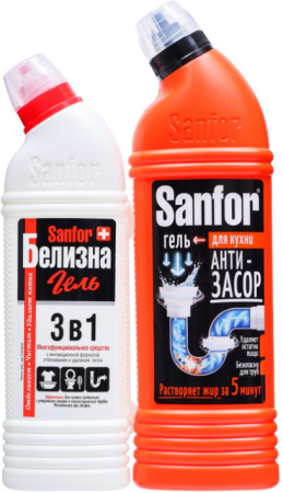 ЧС SANFOR для канализационных труб 750г+ЧС SANFOR Белизна гель 500г