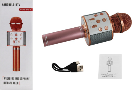 Микрофон беспроводной Комплектация: караоке микрофон, USB-кабель, инструкция. (Цвет: розовое золото.)